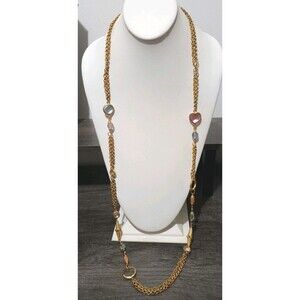 LCI Liz Claiborne Pink Heart Blue Green Glass Gold Tone Long Vintage Necklace